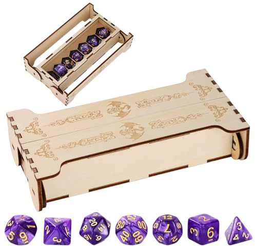 LKKCHER DESIGN D&D Würfel Box, 7 Lila Polyedrische Würfel, Fantasy Flugsaurier Aufbewahrungsbox, Holz Brettspiel Behälter, Rollenspiele Zubehör, Tischspiele Würfeletui, Geschenkset für DND Gamer