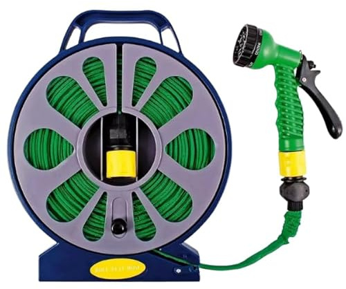 Garden Mile Manguera plana de 15 m con conectores de boquilla y pistola pulverizadora, manguera antitorceduras, ideal para regar plantas, lavado de coches y jardinería, carrete de manguera
