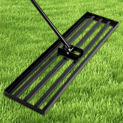 Rastrillo nivelador de césped, 42 x 10 pulgadas, rastrillo de metal resistente, herramienta niveladora de césped ajustable de 78 pulgadas, nivelador de césped para patio trasero, jardín, césped de