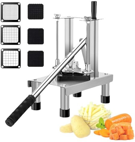Stainless Steel French Fry Potato Cutter Machine - Heavy Duty Commercial Home Manual Potato Chips Strip Cutting Machine Maker - with 3 7/10/14mm Blade