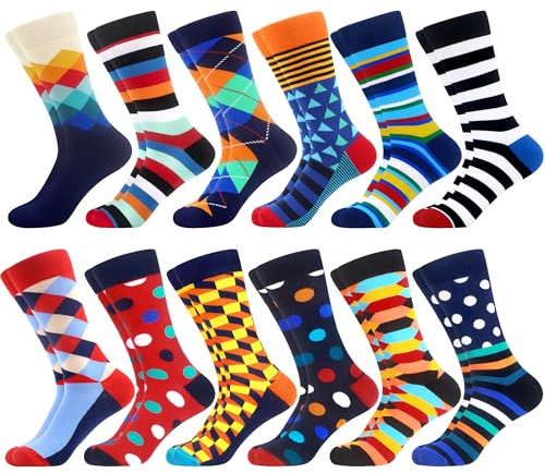 WeciBor Lot de 12 paires de chaussettes en coton colorées et amusantes pour homme, 43-46