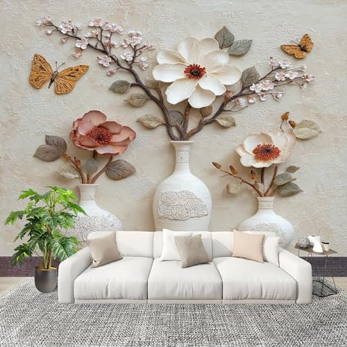 Mural de Interior Fotomurales 200x140 cm JarróN En Relieve Con Flores Tejido No Tejido Fotomurales Papel Pintado Blanco Pared Panorámico para Dormitorio Salón TV Pared Murales Póster