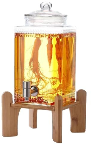 5L,Dispensador de Bebidas, dispensador de Bebidas de Vidrio con Base de bambú, Grifo de Acero Inoxidable, Ideal para Fiestas, Bares, restaurantes