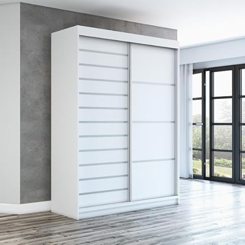 A&J MöbelLand Schwebetürenschrank Colin Kleiderschrank 160 cm mit Spiegel, 6 Regalen & 1 Kleiderstange (Weiß/Weiß/Weiß)