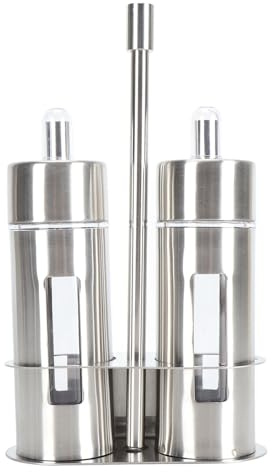Aramox Stainless Steel Oil Bottle, 80ml Oil and Vinegar Cruet Glass Bottle Set with Funnel, Nozzle and Lid, 304 Stainless Steel Olive Oil Dispenser Bottle with Base Stand