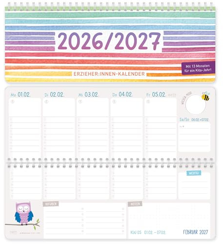 Häfft® Tischkalender Erzieher & Erzieherinnen 2026/2027 „Flying Flowers“ | Wochenkalender für Kindergarten & Kita, Kita-Planer im Querformat mit Ringbindung, 13 Monate Laufzeit von Aug. 26 - Aug. 27