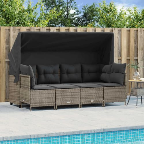 Runheo 5-TLG. Garten-Sofagarnitur Grau, Poly Rattan Lounge Set mit ausziehbarem Sonnendach, bequemen Kissen, UV-beständig für Terrasse & Balkon, 204x75x140 cm