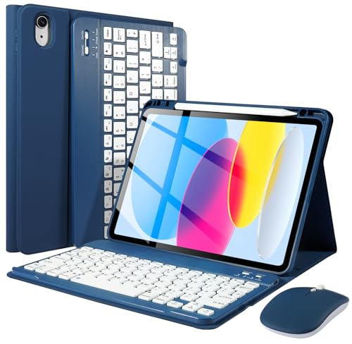 SOPPY Custodia per tastiera Bluetooth con mouse per iPad di 11a generazione (A16) 11 2025, 10a generazione 11 2022, custodia protettiva staccabile, con portapenne integrato, layout UK, blu scuro