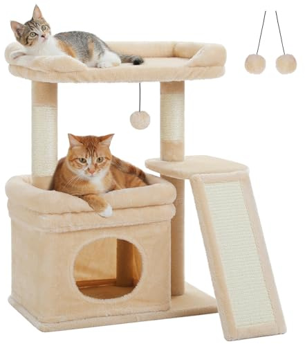 PETEPELA Kratzbaum klein für große Katzen Katzenbaum mit Kratzstamm | Mit breiter Liegefläche, Katzenhöhle und Kratzpad für Wohnungskatzen, stabil und platzsparend, Beige