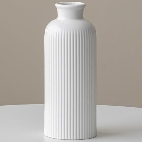 Keramik Vase Weiß, Blumenvase für Pampasgras Deko, 25,4 cm Höhe, 10 cm Breite, Matt Glasiert, Modern für Wohnzimmer Esstisch Büro (Matt glasiertes Weiß)