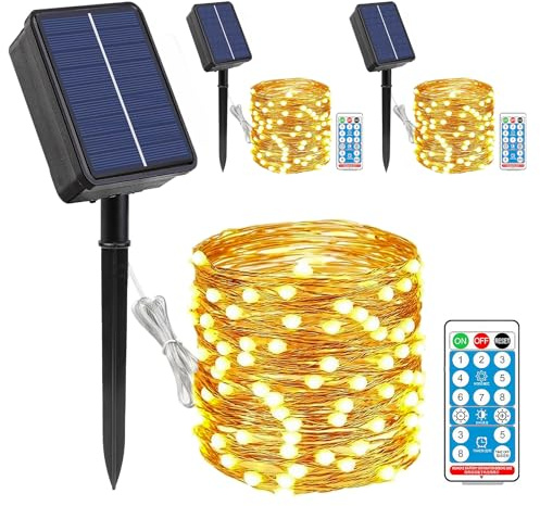3 luci solari per esterni, 12 m, catena di luci solari per esterni, resistente alle intemperie, filo di rame, catena di luci solari per esterni, 8 modalità Ip65, 100 LED, per giardino, terrazza