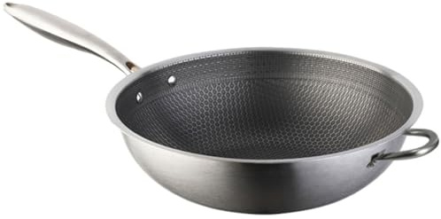Lurrose Padella Wok in Acciaio Inox 34 CM Doppio Manico, per Uso Domestico e Barbecue, Resistente e Leggera per Cucinare Verdure e Carne