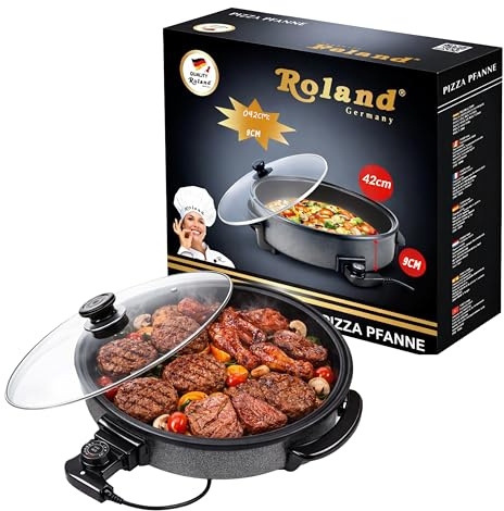 Roland Germany XXL Pizza Pfanne, 42cm Extra Tief, 9cm Höhe, mit Glasdeckel, Elektrische Pizzapfanne (42/9 cm)