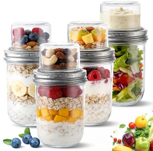 LDXDRU 4er Müslibecher to go, 500ml+100ml Overnight Oats Gläser, Joghurtbecher to go mit Doppelschicht-Design,Trocken- und Nasstrennung Müsli to go Becher, Meal Prep Gläser mit Deckel