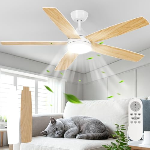 Dorlink Ventilatore da Soffitto con Luci e Telecomando,132cm,6 Velocità, Silenzioso Reversibili, Lampada Ventilatore da Soffitto per Camera da Letto Soggiorno, Colore Legno Naturale/Bianco