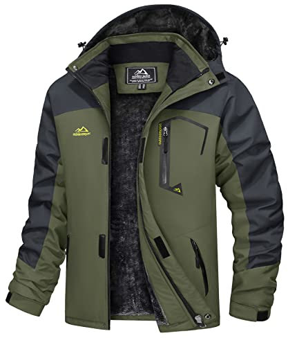 TACVASEN Winter Jacket Men Waterproof Skiing Jacket Fleece Snowboarding Warm Outdoor Jacket Mens Ski Jacket with Hood Parka Army Green