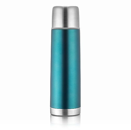 Reer Edelstahl Isolier-Flasche COLOUR, 450ml – klein, handlich, ideal fürs Baby, mit integriertem Becher, pazifikblau 90503