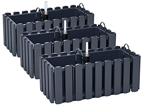 PAFEN 3 x blomlåda blomkruka med hållare – 38 x 18 x 16,2 cm – planteringskruka bevattningssystem balkonglåda, växtlådor, antracit