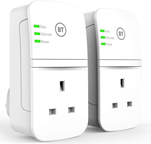 BT Broadband Extender Powerline Adapter Flex 600 Kit, wired AV600, pass-through socket (Renewed), White