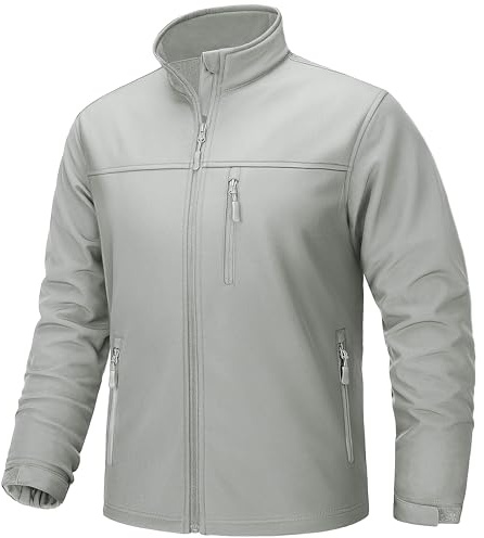 TACVASEN Waterproof Jackets for Men Stand Collar Softshell Tactical Jacket Fleece Lined Lightweight Mens Winter Coat Golf Running, Light Grey, 2XL