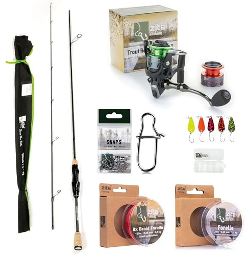 Zite Fishing Trout Spoon Forellen-Rute 190cm - Ultra Light Angelrolle 1000 3+1BB - 8fach geflochtene Angelschnur - Angelwirbel 30 Stück Karabiner Größe #000 - Forellen-Blinker Set neon 5-teilig