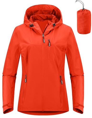 Outdoor Ventures Damen Regenjacke 10000MM Wasserdicht Leichte Gefüttert Packbar Sportjacke Funktionsjacke Atmungsaktiv Fahrrad Jacke mit Kapuze Orange 3XL
