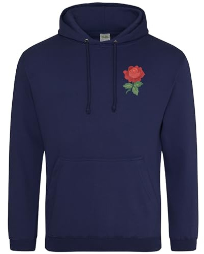 Embroidered England Rose Crest Hoodie Men Rugby England Supporters Nations Hooded Top, L, Navy