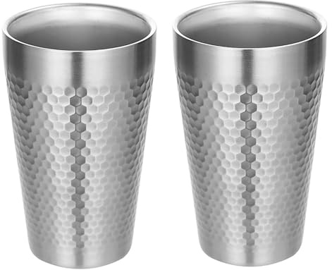 UPTALY Lot de 2 tasses en acier inoxydable (450 ml/père, argent), motif marteau diamant, double paroi, grandes tasses à thé glacé, tasses à café épaisses, réutilisables en métal pour camping,