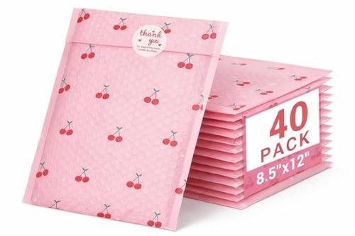 Cozymood Bubble Mailers 8.5 x 11 Inch 40 Pack Cherry Pink Bubble Mailer Self Seal Adhesive Cute Padded Envelopes Waterproof Cushioning for Packaging, Shipping, Mailing, Boutiques Suppiles