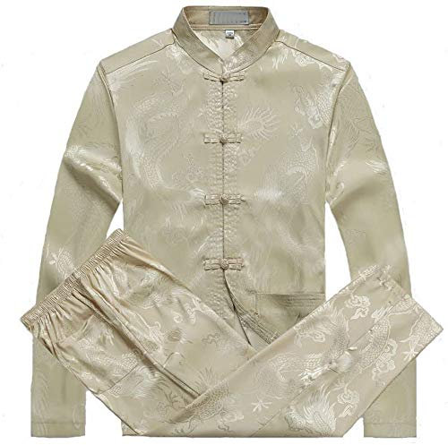 FGDIUCVN Kampfsportbekleidung Traditioneller chinesischer Kung-Fu-Kampfsportanzug für Herren, langärmelig, Tang-Anzug, Beige, S