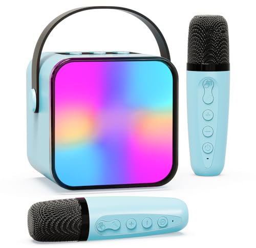 Karaoke-maskin med 2 trådlösa mikrofoner, Beedove-högtalare för barn med LED-lampor och röst växlande effekter, bärbar Bluetooth-karaokeleksak, presenter till flickor och pojkar (blå)