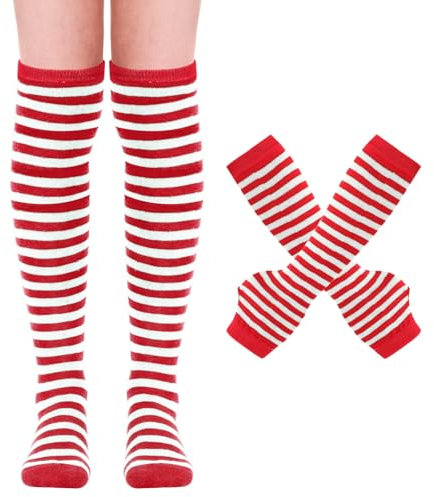 Mayoii Calzini Alti Donna E Guanti Senza Dita Set,Calzini Alti Sopra il Ginocchio per Donne, Scaldabraccia, Scaldamuscoli, Calzini Lunghi a Righe Accessori natalizi di Halloween