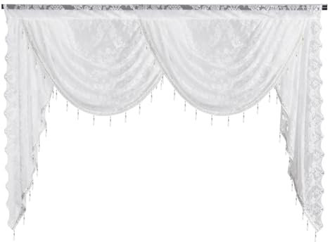 vctops Lace Beaded Waterfall Valances for Windows Floral Vintage Swag Valance Sheer Kitchen Window Curtains Over Sink Curtain Valance for Living Room Bedroom Bathroom Cafe (White,59x41)