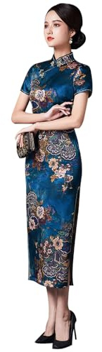 ZNLFS Women's Cheongsam Traditional Chinese Dress Side Slit Slim Fit Midi Dress Mandarin Collar Short Sleeve Qipao (UK, Numeric, 18, Regular, Regular, Dark Blue)