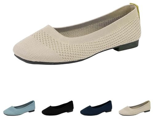 Women's Ballet Flats Slip On UK Size 7 Square Closed Toe Work Shoeswith Arch Support, Flats for Ladies Classic Knit Dress Shoes Pumps Shoes Low Top Flat Knit Shoes Beige