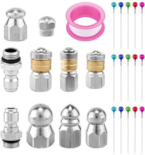 Gosknor 10pcs Sewer Jetter Nozzle Kit with 1/4 & 3/8 NPT Quick Connectors, with Needles & Tape Stainless Steel Pressure Drain Jet Hose Nozzle for Pressure Washer Sewer Jetting Cleaning Tool 5000 PSI