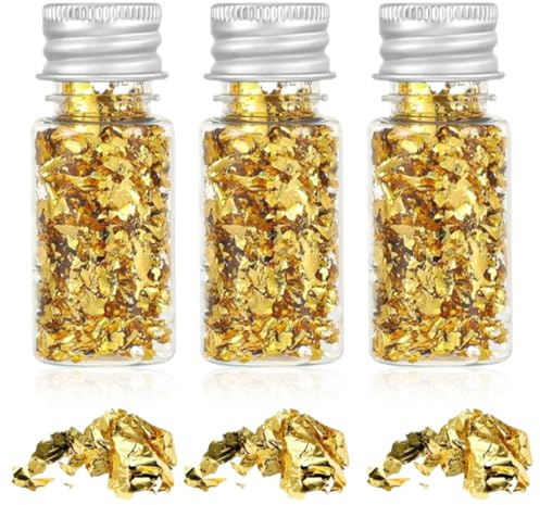 3 flaskor 30 ml bladguldflingor, mångsidig dekorativ folie i guld, bladguldflingor multifunktion, bladguldflingor, bladguld för tårtor, dekorativ folie papper kök mousse bakning bakverk hantverk