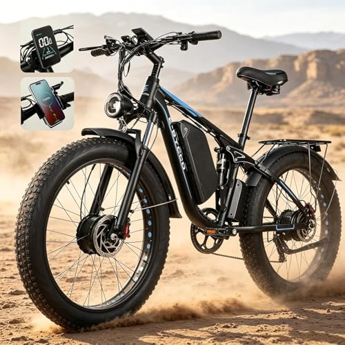 Kojesen Elektrofahrrad für Erwachsene, 26 Zoll Fat Tire Dual Motors Full Suspension Mountain Ebike mit 52 V 23 Ah Akku, 140 km maximale Laufzeit, hydraulische Scheibenbremse E-Bike