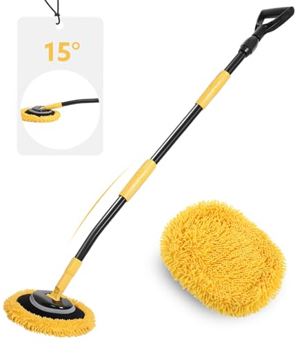 While 15° Curved Car Wash Tool with 53 Extendable Handle, Chenille Car Washing Tool and Cleaning Brush for Cars RV Truck SUV Boat