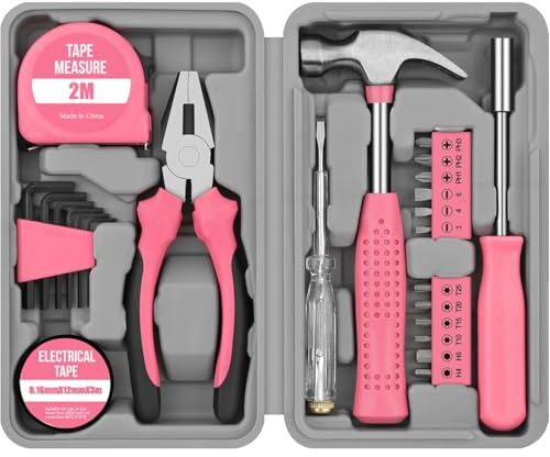 WOWEI Tool Kit Set Box 24 Piece for Women Home Repair DIY Household Set with Basic Hand Tools for Home & Office, Compact Toolbox for Ladies DIY Projects and Everyday Use Pink
