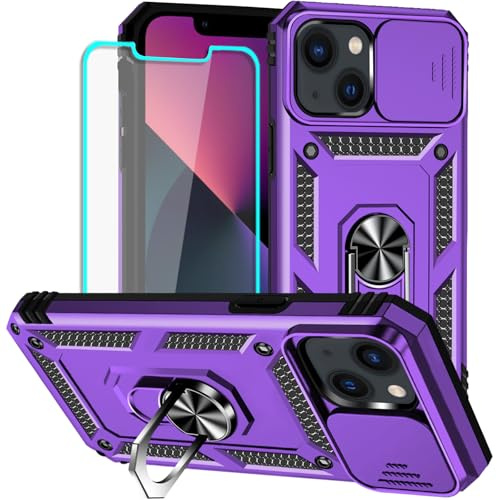 Yiakeng for iPhone 13 Mini Case with Screen Protector: [Military Grade 20ft. Drop Tested] Slide Camera Cover Ring Shockproof Protective Phone Case for - iPhone 13 Mini (Purple)