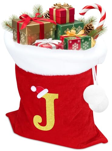 Nikolaussack, Weihnachtsmannsack Personalisierter Weihnachtssack Aus Samt Mit Brief-Stickerei, Extra Groß für Geschenke & Stocking Stuffers, Traditionell Rot-Weiß (J)