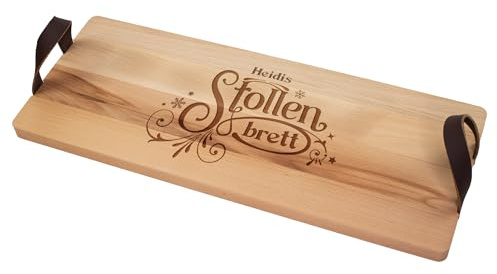 Herz & Heim® Servierbrett personalisiert mit Gravur – Holzbrett aus Buchenholz mit Ledergriffen – Geschenkidee Schneidebrett (Stollenbrett)