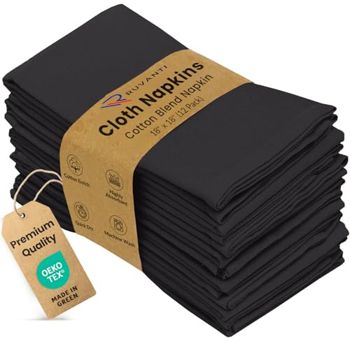 Ruvanti tygservetter 12-pack 45 x 45 cm middagsbordsservetter, mjuk och bekväm bomullsberik, svarta servetter, tvättbar och återanvändbar linneservett till jul, middagar, bröllop, bar, cocktailparty.