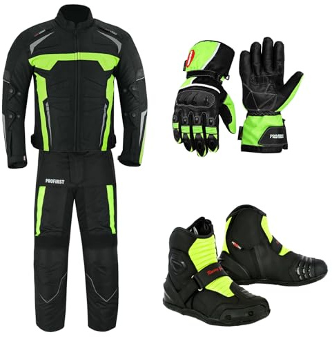 PROFIRST Motorcycle Clothing Suit - 2 Piece Motorbike Armored Suit Waterproof Biker Jacket and Trouser with Motorbike Boots Shoes & Motorcycle Gloves - CE Armor for All Weather