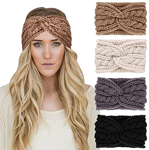 DRESHOW 4 Paket Virkade Öronvärmare Pannband Mjukstickad Turban Stretch Pannband Värmare för Kvinnor Vinter