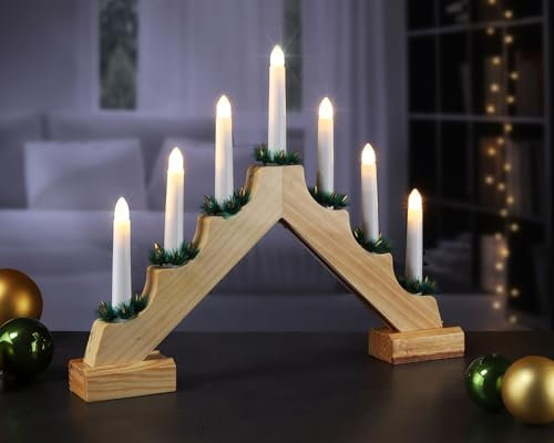 Schwibbogen aus Holz - Lichterbogen für Weihnachten mit 7 warm-weißen LED Kerzen, batteriebetrieben