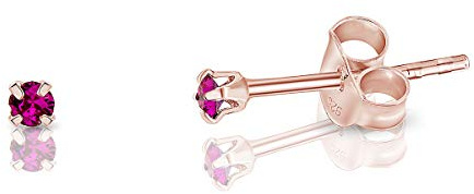 Small Solitaire Stud Earrings 925 Sterling Silver Rose Gold Plated 18K - Tiny Gold Studs 2 mm - Minimalist Sparkle Stud Earrings with Fuchsia Crystal
