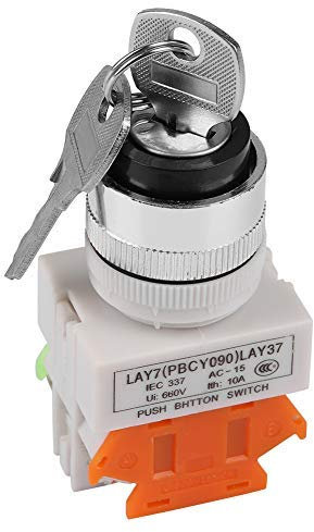 Key Switch 2 Position Key Operated Rotary Switch Mount Key Lock Rotary Select Selector 22mm with Strong Insulation Performance