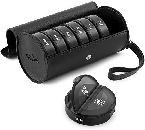 Fullicon PU Case Weekly Pill Box 2 Times a Day, 7 Day, Black | Each Box Holds 6 Fish Oils, 7 Vitamins or 14 Capsules, Durable PU Leather Case, AM PM Icons, Fade-Proof Print